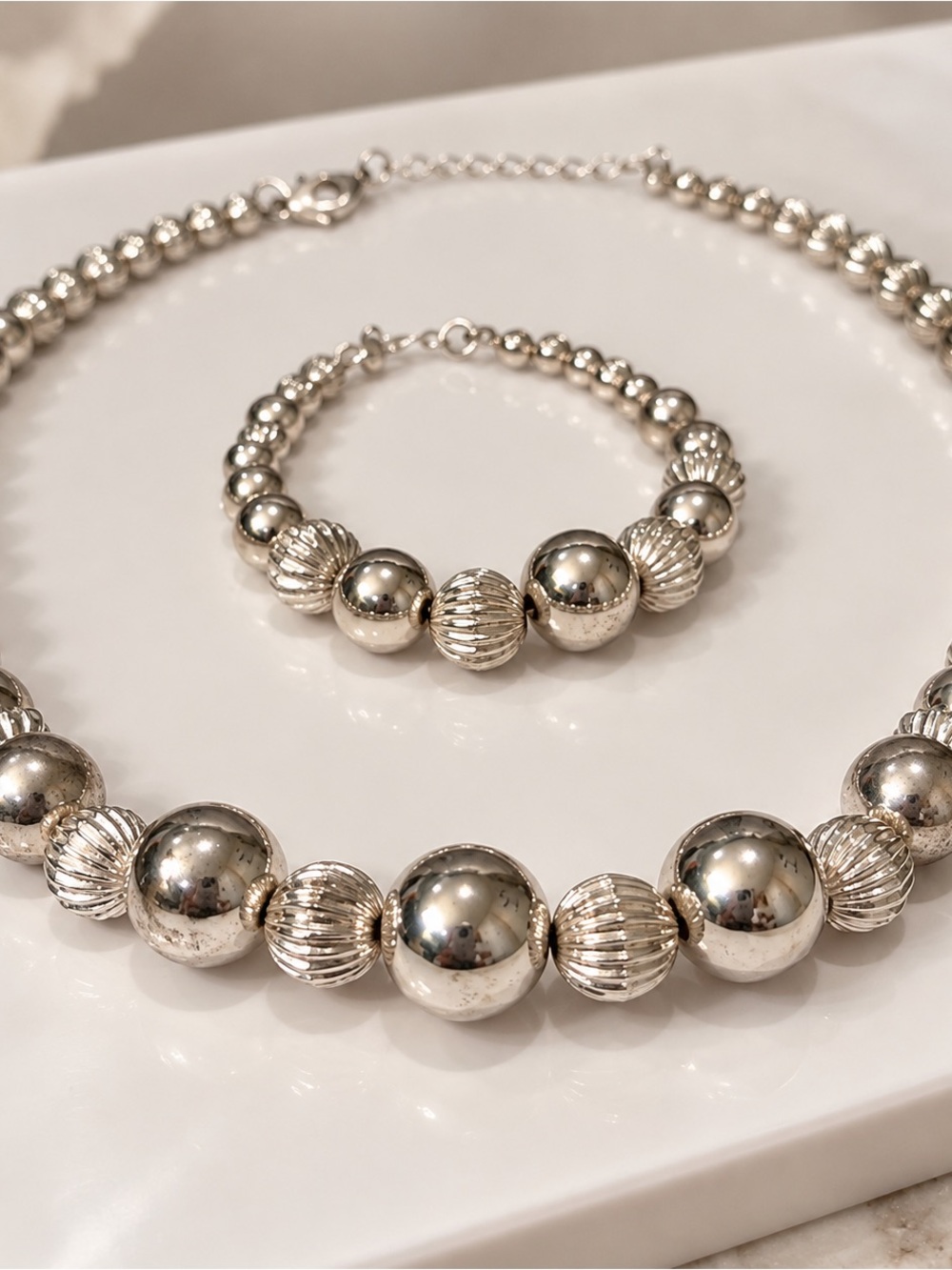 Kim Rogers Faux Silver Beaded Necklace & Bracelet Ribbed Polished Statement Set